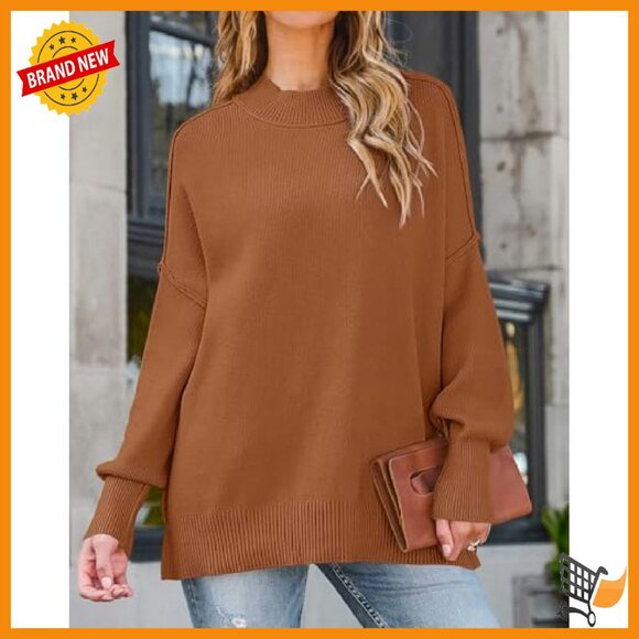 Oversized Ribbed Knit Pullover Sweater Long Sleeve Crew Neck Side Slit - Picture 3 of 7